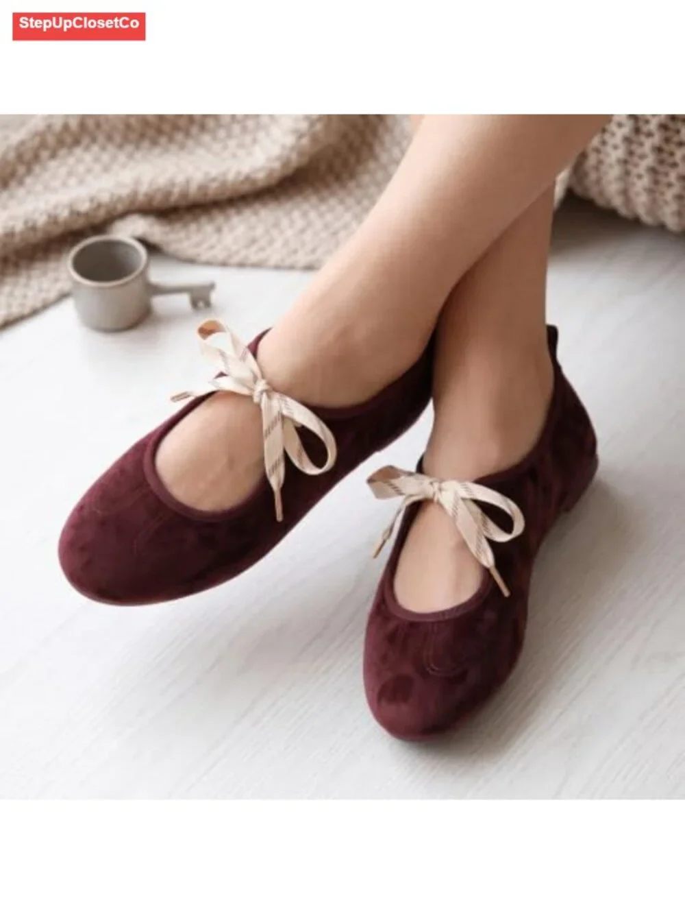 Women Velvet Bow Ballet Flats Mary Jane Shoes Foldable